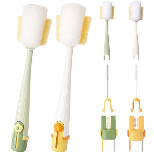 2 PCS 5 in 1 Bottle Cleaning Brush, Multifunctional Cleaning Brush, Deep Clean Narrow Bottle Necks and Straws, Efficient Bottle Scrubber Brush for Home and Travel Use (Green and Yellow)