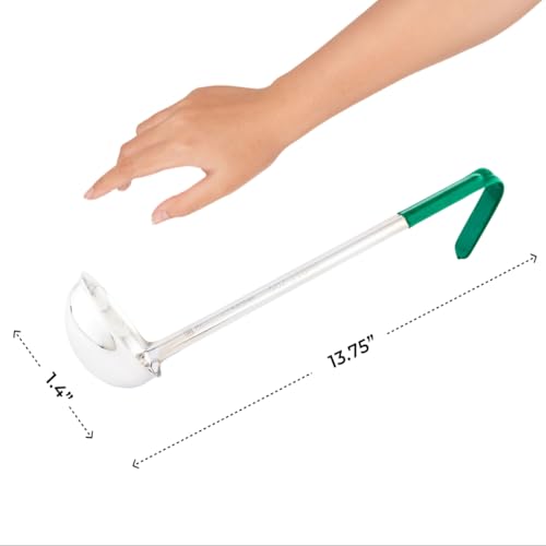 Restaurantware Met Lux 4 Ounce Soup Ladle 1 Hook Handle Serving Spoon - With Green Handle Dishwashable Stainless Steel Cooking Ladle For Pouring And Cooking Perfect for Soup Chilli Or Batter - size: 4 oz