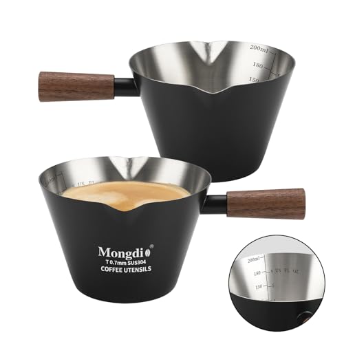 Mongdio 2 Pcs Espresso Measuring Cup, Stainless Steel Espresso Shot Cups with Wooden Handle and Double Spouts, 6.8OZ/200ML, Black - color: Black 2 pcs, size: 6.8oz