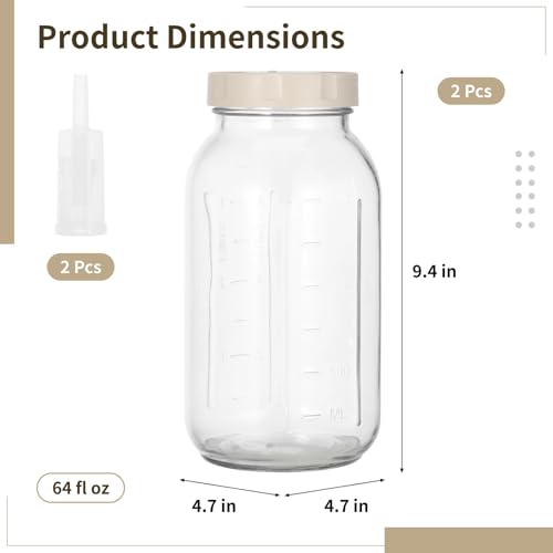Fermentation Jar, 2 Pcs Glass Fermenting jar with Date Tracker & One-Way Air Valve, Square Space-Saving Design for Kimchi, Sauerkraut & Kitchen Storage, 9.4 x 4.7 x 4.7 in, 64 fl oz