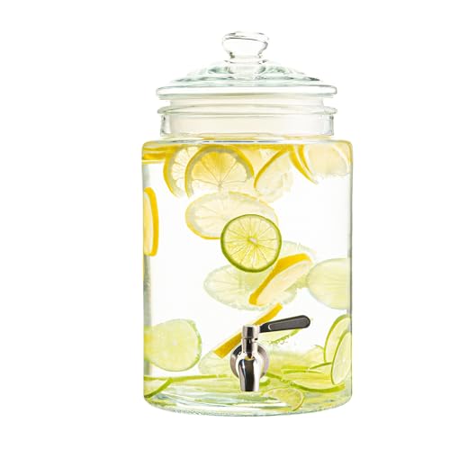 Large Glass Drink Dispenser with Spout – 1.5 Gallon Tall Mason Jar Style Beverage Server with Airtight Lid & Metal Spigot for Water, Tea, Juice, Punch, or Cocktails - size: 1.5 Gallon