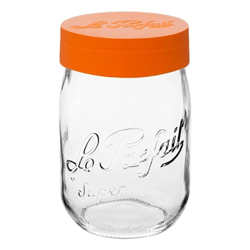 Le Parfait Eco-Friendly Zero Waste Wide Mouth Glass Jar with Airtight Screw Top Lid – Reusable French Storage Jar for Food, Soup, Flour, Sugar, Canning & Baking (1L/32oz, 1 Pack, Orange) - color: 1L-Orange (Single)
