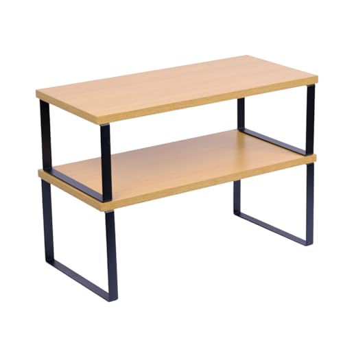 Sben Cabinet Organizer Shelf, Set of 2 Kitchen Counter Shelves, Kitchen Storage, Spice Rack, Stackable, Expandable, Metal and Engineered Wood, Ink Black and Natural Beige - color: Bamboo, size: 15.6"W