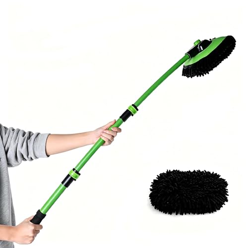 Eyliden Car Wash Brush Mop with Long Handle for Car Truck RV, Green | 90° Swivel Head with 45° Angle Lock, 2 Scratch-Free Microfiber Heads, Car Detailing Kit, 41.9" Adjustable Handle - color: Green & Black