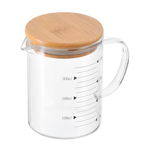 PATIKIL 350ml Glass Measuring Cup, 3.3 Borosilicate Glass Graduated Black Printed Scale Liquid Measure Cups Beaker with Wood Lid and V-Shaped Spout for Kitchen - color: Black, size: 350ml
