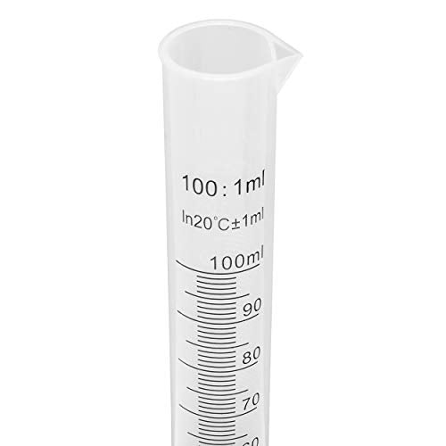 Brewing America 100ml Plastic Graduated Cylinder Beaker - 100ml Science Measuring Test Tube Flask, 2-sided Marking - Black and Raised Graduation Lines, Pour Spout