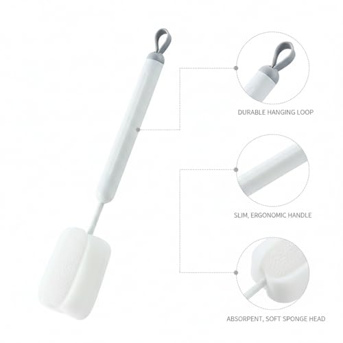 Long Handle Bottle Cleaning Brush with Soft Sponge Head for Deep Cups, Narrow Neck Bottles & Vases - 13 Inch - color: Gray