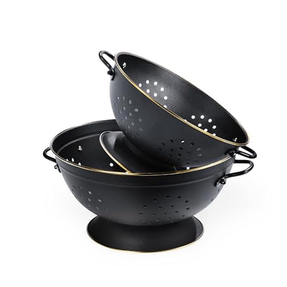 Metal Colander Set of 2, Strainer Basket with Handles perfect for Spaghetti, Pasta, Berry, Vegetable, Fruit, Solid Base Powder Coated Self-draining Kitchen Colander Bowel, 3.5 & 5 Qt, Matte Black - color: M-BLACK