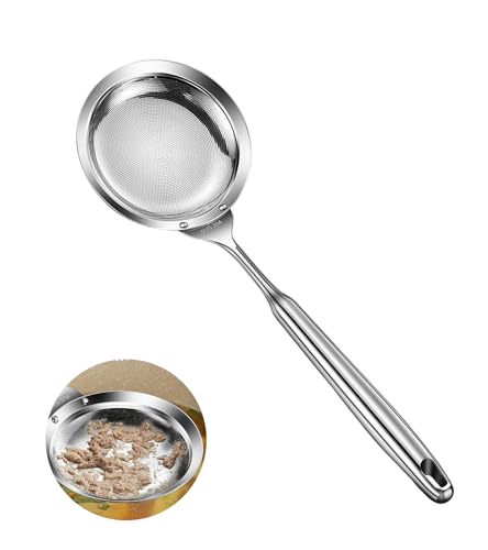 Ugotit Fine Mesh Strainer - Oil Strainer Spoon for Bacon Grease & Soup Skimming, Stainless Steel Fat Skimmer with Heat-Resistant Handle (4.3 Inch) - color: Round Handle 4.3inch