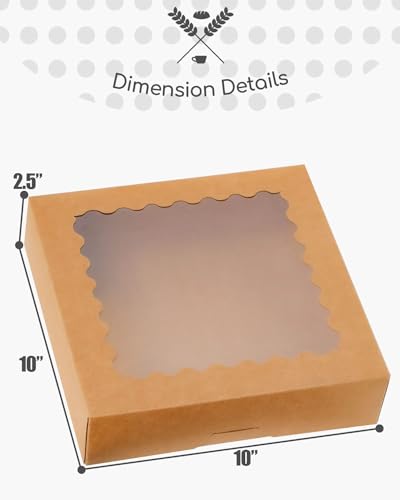 qiqee Auto-pop Up Brown Pie Boxes with Window 10x10x2.5 inch 20Packs Cookie Donut Bakery Box - color: Brown, size: 10"x10"x2.5"/20 Pcs