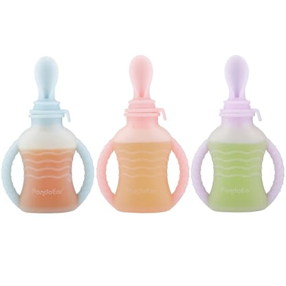 PandaEar 3 Pack Reusable Silicone Baby Food Pouches with 3 Puree Feeder Spoons & Funnel | 4oz Toddler Food Storage Pouch with Handle | BPA-Free Baby Squeeze Pouches for Homemade Purees