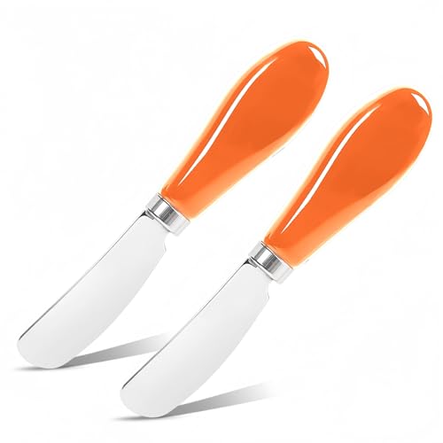 Butter Spreader Knife Set, 2-Pack Stainless Steel Cheese and Butter Knives with Ceramic Handle, Dishwasher Safe, for Soft & Hard Cheese, Jam, Cold Butter (orange) - color: orange