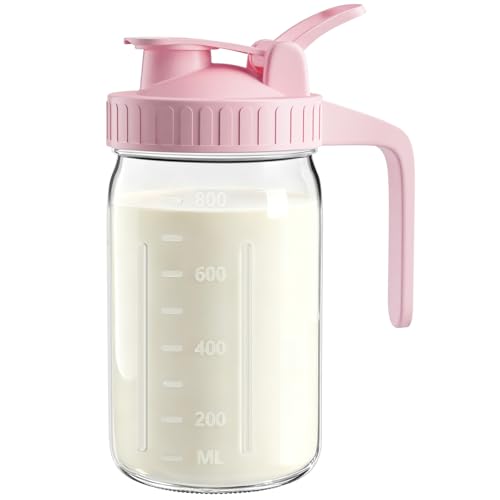 32oz Breast Milk Pitcher with Lid - Airtight Leakproof Glass Storage with Flip Cap & Pour Spout, Wide Mouth 1 Quart Breastmilk Storage Container Breastfeeding Essentials for Breastmilk, Formula, Milk - color: Pink, size: 32 Ounces
