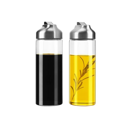 Aelga Olive Oil Dispenser - 14 OZ Glass Oil and Vinegar Dispenser Bottles Set for Kitchen No Drip-Set of 2 - color: Silver, style: 14OZ Set of 2