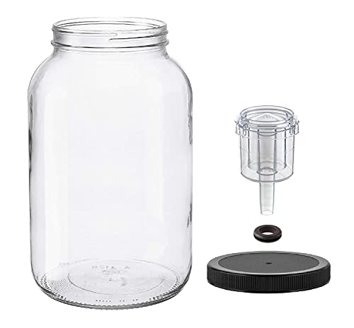 North Mountain Supply 1 Gallon Glass Jar Wide Mouth with Grommeted Black Plastic Lid, and 2-Piece Airlock - USDA, BPA-Free, Made in the USA - for Fermenting, Kombucha, and Much More!