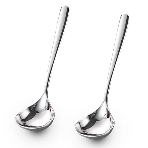 Comicfs 2 Pack Gravy Ladle, SUS 304 Stainless Steel Soup Ladle, Small Soup Ladles, Sauce Ladles, Small Serving Ladle, Solid Serving Spoon 8-Inch (Silver)