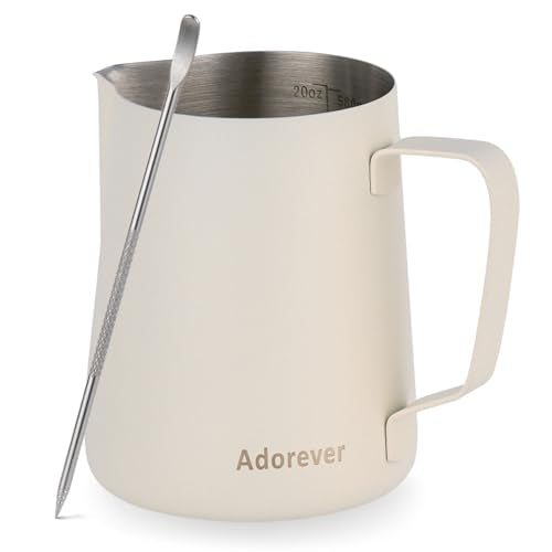 Milk Frothing Pitcher, 600ml/20oz Steaming Pitchers Stainless Steel Milk Coffee Cappuccino Latte Art Barista Steam Pitchers Milk Jug Cup with Decorating Art Pen, Matte White - color: D Matte White, size: 20 Ounces