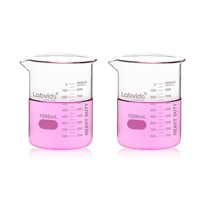 2pcs 1000ml Upgrated Thick Glass Beakers, Griffin Low Form Beaker Set with Double Scale, 3.3 Boro, LVA014 - style: 2pcs of Vol.1000ml