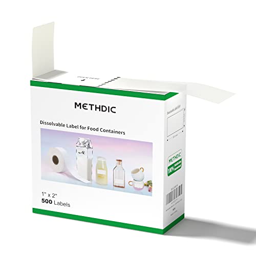 Methidc Dissolvable Food Storage Labels ，Dissolves in Water in 30 Seconds - No Adhesive Residue - Perfect for Glass, Metal, Plastic Containers ，Blank White 1 X 2 Inch 500 Stickers(1 Roll) - size: Rectangle 1" x 2", style: 500 Labels