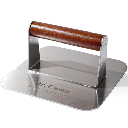 Dr.Camp 7 Inch Stainless Steel Burger Press with Real Wood Handle Heavy Duty Bacon Press Grill Press for Griddle Flat Top Smash Burger Press Hamburger Smasher Meat Press (Square) - style: Square