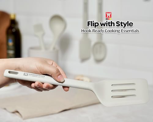 Wagensteiger Light Gray Silicone Slotted Spatula: Cooking Turner with Heat Resistant, Non-stick Cookware Safe, Gentle Head Design, BPA Free (11.81inch x 3.15inch) - size: 11.81inch x 3.15inch
