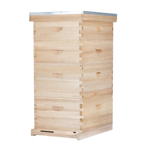 Bee Hive Boxes 10 Frame Langstroth Beehive,Complete Beehive Kit Includes 2 Deep Brood Bee Hives Box, 2 Medium Super Bee Box with Beehive Frames and Foundation - size: 4-Layre