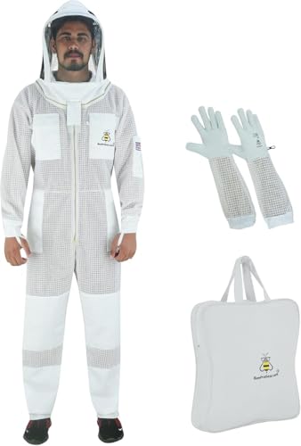 3-Layer Ultra Ventilated Mesh Beekeeping Suit for Men & Women with Veil Sting-Proof Bee Suit with Leather Gloves & Bag - color: White F, size: Medium