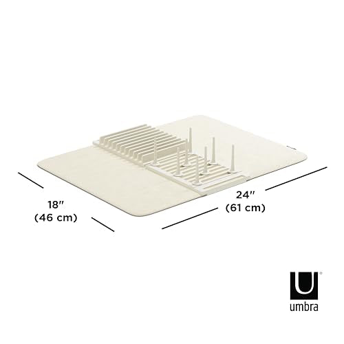 Umbra Udry Dish Rack with Movable Pegs and Microfiber Drying Mat – Space-Saving Design Folds Up for Easy Storage, Basic Rack, Linen