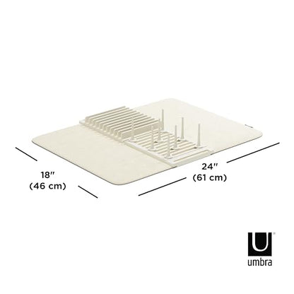 Umbra Udry Dish Rack with Movable Pegs and Microfiber Drying Mat – Space-Saving Design Folds Up for Easy Storage, Basic Rack, Linen