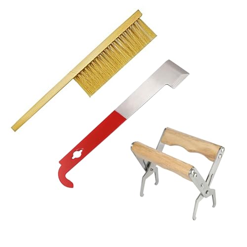 OZBEE 3 Pcs Bee Hive Tools for Beekeepers, Stainless Steel J Hook Frame Lifter & Scraper, Bee Hive Frame Grip Holder Lifter, Beekeeping Brush with Wooden Handle, Flow Hive Beekeeping Kit Accessories