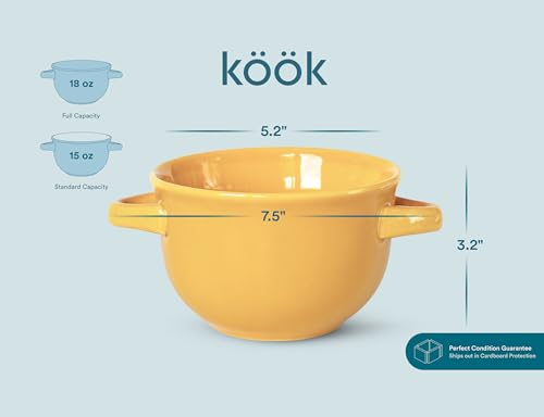 KooK French Onion Soup Bowls, Crocks, Oven Safe Bowls, Soup Mugs, Ceramic Bowls, Dishwasher, Microwave, Set of 4, 18 oz (Yellow) - color: Yellow