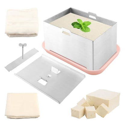 Stainless Steel Tofu Press, DIY Tofu Maker with To-fu Presser Towel and Drip Tray TofuPress Dishwasher Safe for Cheese, Yogurt Ham Press,Meat Pressing Paneer Make Vegetarian