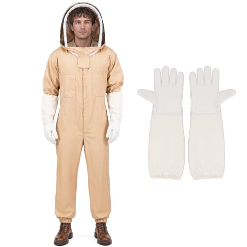 Bee Suit for Men Women, Full Body Sting Proof Beekeeping Suit | Detachable Protective Round Veil & Gloves, Size L Fits 5'4''-5'9'', Ideal for Apiary Backyard Beekeeping Beginners, Beige - size: L