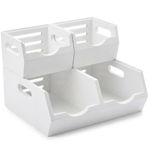 HOMESTEAD Stackable Solid Wood Storage Bins for Kitchen Pantry & Countertop, Ventilated Potato and Onion Basket Organizer with Handles, Wooden Produce Storage Containers, 3-Pack, White - color: White
