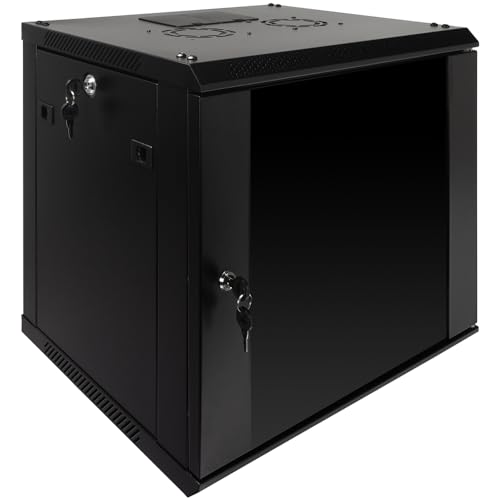 NavePoint 9U Server Rack Enclosure with Glass Door, Cooling Fan, Locks, & Removable Side Panels - 9U Wall Mount Network Cabinet 19 Inch Rack 17.7 Inches Deep - size: 9U