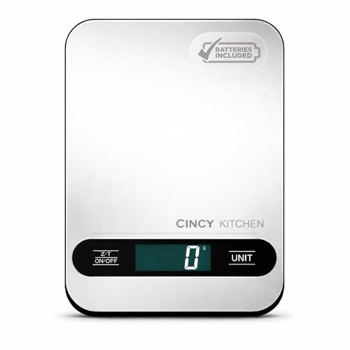 CINCY Digital Food Scale for Kitchen – Stainless Steel Kitchen Scale with Tare Function, Large LCD – Meal Prep, Baking & Cooking Scale - 6 Units (g/oz/lb/ml/kg) -10kg/22lb Capacity, 1g Precision