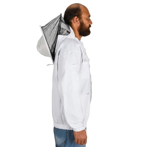 Beekeeping Jacket with Round Veil - Breathable Cotton Beekeeper Suit with YKK Zippers & Protective Hood (BP-102-White)-L - color: White Round Veil, size: Large