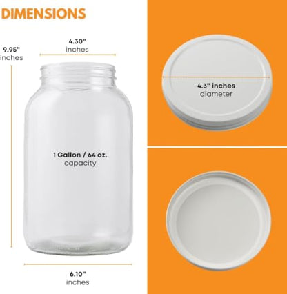 FastRack 4-Pack 1 Gallon Glass Jar with 5 Airtight Metal Lids (1 Extra Bonus Lid) | Wide Mouth Jars for Fermenting, Pickling, Sourdough Starter, and Home Brewing | Heavy Duty Food Storage Canisters - size: 4 Pack