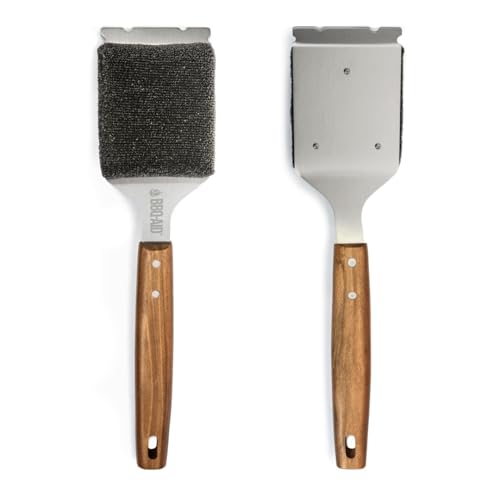 Bristle Free Grill Brush Cleaner and Scraper for Barbecue, Replaceable Head | Bristle-Free Grill Brush with Replaceable Head & Acacia Wood Handle. Heavy-Duty Scraper, No-Scratch BBQ Grate Cleaning. - color: Wood