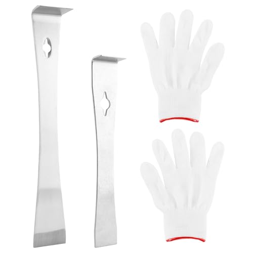 2Pcs Stainless Steel Pry Bar Scraper Set with Gloves, 6.69" and 10" Flat Pry Bar Trim Puller, Baseboard Removal Tool Nail Puller Carpentry Tools Beekeeping Hive Scraper