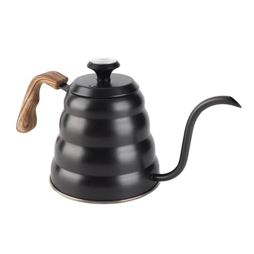 Gooseneck Coffee Kettle, Precision Pouring Brewing Pot for Home Kitchen Stainless Steel Black 1.2L with Thermometer Wood Handle