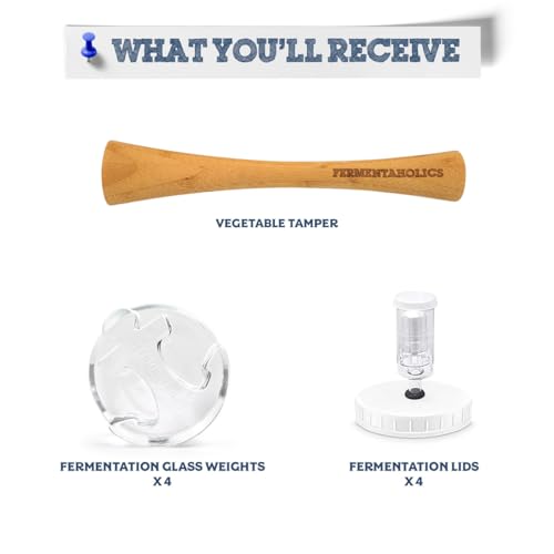 Mason Jar Fermentation Kit | Wide mouth Jar Lacto-Fermentation Pickling Kit |Includes 4 Fermentation Lids, 4 Fermentation Glass Weights, Vegetable Tamper, & Wet Erase Glass Marker