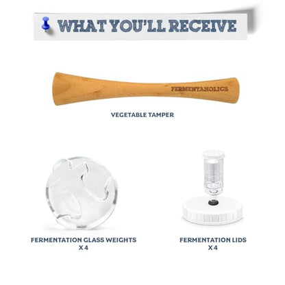 Mason Jar Fermentation Kit | Wide mouth Jar Lacto-Fermentation Pickling Kit |Includes 4 Fermentation Lids, 4 Fermentation Glass Weights, Vegetable Tamper, & Wet Erase Glass Marker