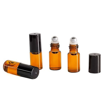 50 PCS 3ml Amber Glass Roller Bottle,Essential Oil Sample Vials with Stainless Steel Roller Ball,Black Caps,for Travel Perfume Cosmetics Small Container(2 Funnels, 2 Dropper, 1 Opener) (3ml) - size: 3ml