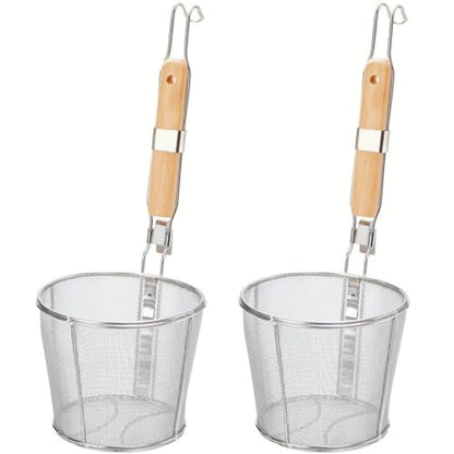 ZAVOOS 2 Pack Pasta Strainer Basket, Stainless Steel Mesh Spider Strainer with Wooden Handle for Boiling, Kitchen Fine Food Skimmer Deep Fry Basket for Pasta, Noodle, Dumpling, 5.3''D x 5.1''H