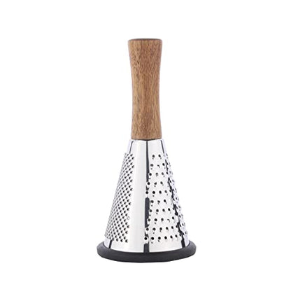Cone Cheese Grater with Handle - Stainless Steel Triple Function Wood Handle Parmesan Shaver Non-Slip Rubber Bottom Hand Held Multifunction Vegetables Cheese Grater with container(S: 7.7" X 3.5") - size: Size S: 7.7" X 3.5"
