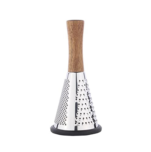 Cone Cheese Grater with Handle - Stainless Steel Triple Function Wood Handle Parmesan Shaver Non-Slip Rubber Bottom Hand Held Multifunction Vegetables Cheese Grater with container(S: 7.7" X 3.5") - size: Size S: 7.7" X 3.5"