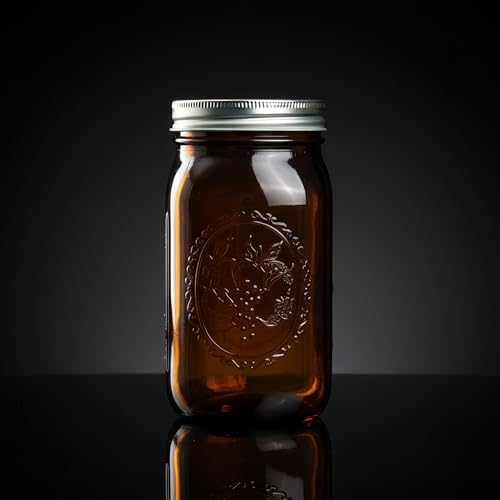 Jumterlee 6 Pack 32 oz Amber Mason Jars, Wide Mouth Mason Jars with Lids and Bands and 6 Black Plastic Mason Jar Lids, Canning Jars Used for Canning, Pickling, Juice, Jam, Jelly