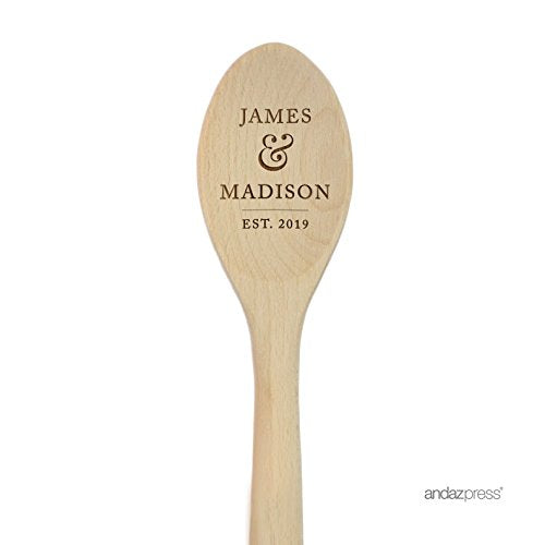 Andaz Press Personalized Laser Engraved Wooden Mixing Spoon, 12-inch, James + Madison, Est. 2025, 1-Pack, Custom Name, Wedding, Anniversary, Bridal Shower, Bachelorette Gift Ideas - color: Custom Wedding Est Year