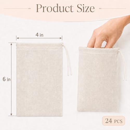 24 Pcs Spice Bags for Cooking, 4 x 6 in Cotton Muslin Bags with Drawstring, Reusable Empty Tea Bags for Loose Tea, Cheesecloth for Straining, Empty Sachet Pouches
